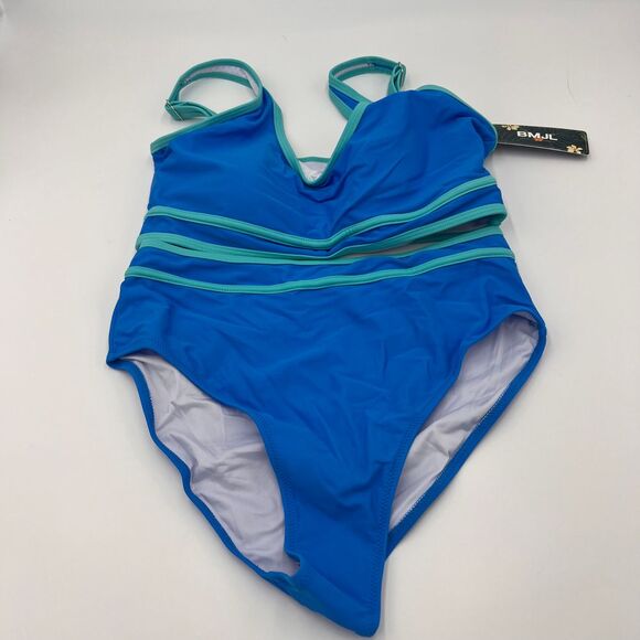 BMJL Two-Piece Swimsuit Blue Turquoise Trim Halter Top High‎ Waist Bottom M NWT - Picture 2 of 7